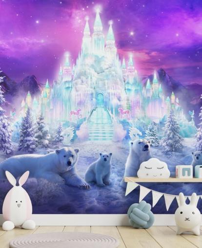 mural de papel pintado personalizado de osos polares de invierno en blanco y morado llamado A Winter Wonderland de Philip Straub para dormitorios de niños