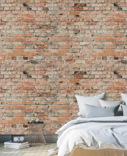 punainen muokattava tiilitapettiseinämaalaus nimeltä Faded Brick by Fotolia makuuhuoneisiin, keittiöihin ja lofteihin