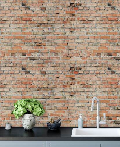 punainen muokattava tiilitapettiseinämaalaus nimeltä Faded Brick by Fotolia makuuhuoneisiin, keittiöihin ja lofteihin