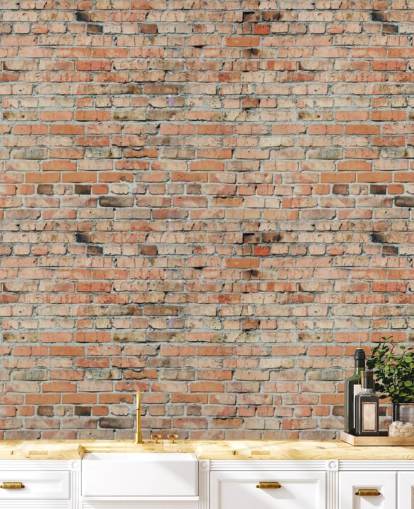 rødt tilpassbart murstein tapet veggmaleri kalt Faded Brick av Fotolia for soverom, kjøkken og loft