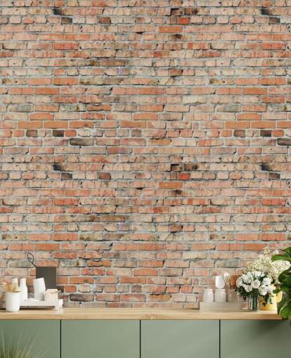 rødt tilpassbart murstein tapet veggmaleri kalt Faded Brick av Fotolia for soverom, kjøkken og loft