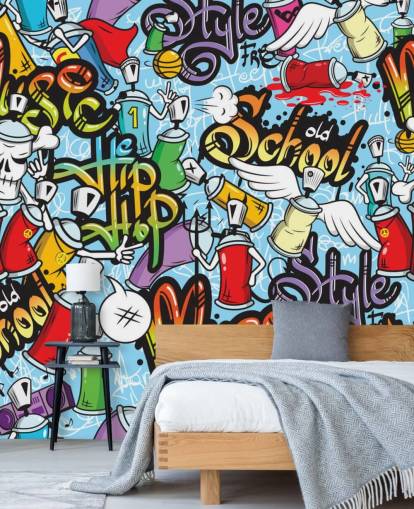 colorful customizable graffiti wallpaper mural called Graffiti Characters for teen bedrooms