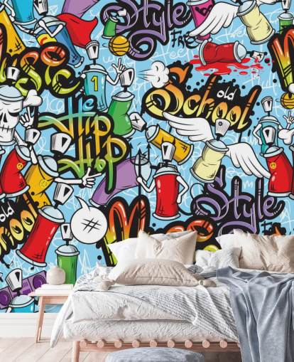 colorido mural de papel pintado de graffiti personalizable llamado Graffiti Characters para dormitorios de adolescentes