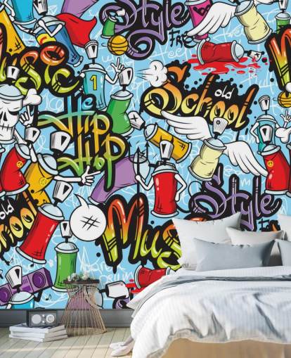 colorido mural de papel pintado de graffiti personalizable llamado Graffiti Characters para dormitorios de adolescentes