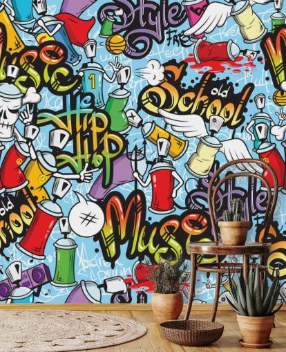 Buntes personalisierbares Graffiti-Tapeten-Wandbild mit dem Titel Graffiti Characters für Jugendzimmer Buntes personalisierbares Graffiti-Tapeten-Wandbild mit dem Titel Graffiti Characters für Jugendzimmer