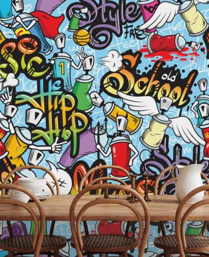colorful customizable graffiti wallpaper mural called Graffiti Characters for teen bedrooms