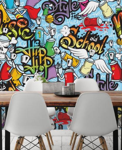 mural colorido de papel de parede de grafite personalizável chamado Graffiti Characters para quartos de adolescentes