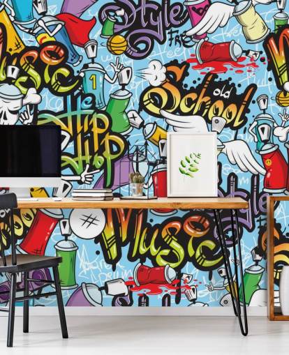 farverigt tilpasseligt graffiti tapetmaleri kaldet Graffiti Characters til teenagers soveværelser