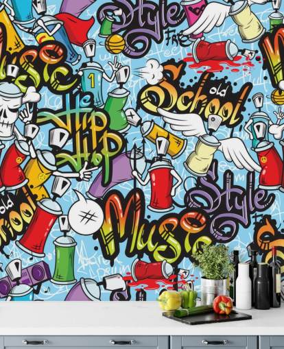 colorful customizable graffiti wallpaper mural called Graffiti Characters for teen bedrooms
