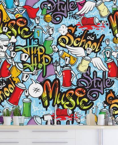 Buntes personalisierbares Graffiti-Tapeten-Wandbild mit dem Titel Graffiti Characters für Jugendzimmer Buntes personalisierbares Graffiti-Tapeten-Wandbild mit dem Titel Graffiti Characters für Jugendzimmer