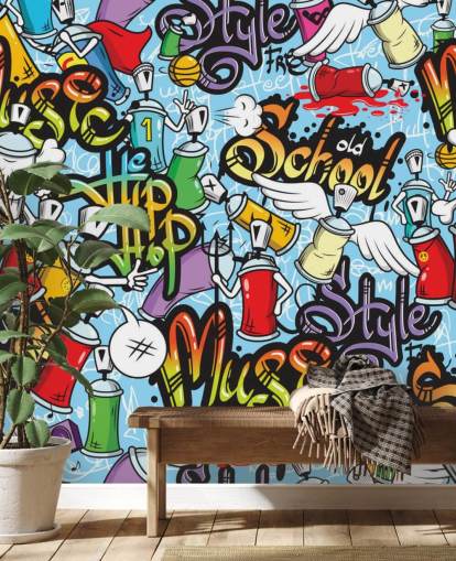 carta da parati murale colorata personalizzabile con graffiti chiamata Graffiti Characters per camere da letto per adolescenti