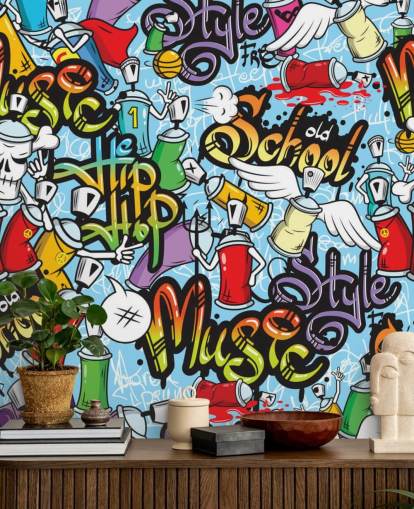 colorful customizable graffiti wallpaper mural called Graffiti Characters for teen bedrooms