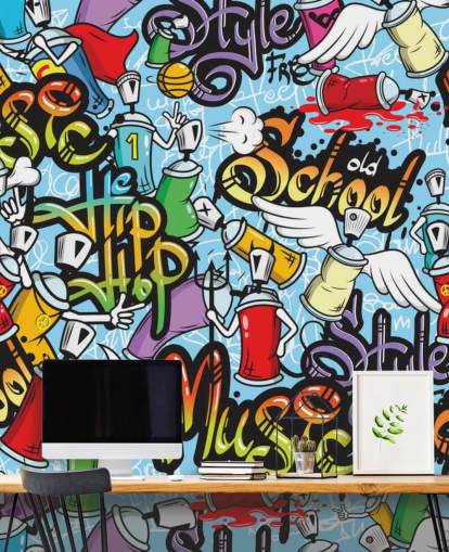 Buntes personalisierbares Graffiti-Tapeten-Wandbild mit dem Titel Graffiti Characters für Jugendzimmer