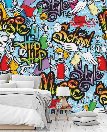 kleurrijke aanpasbare graffitibehangmuurschildering genaamd Graffiti Characters voor tienerkamers