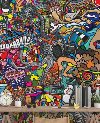 colorful custom graffiti wallpaper mural called Sports - Graffiti for kid's bedroom