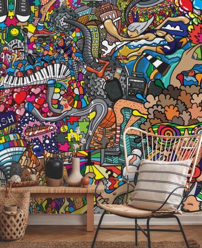 colorful custom graffiti wallpaper mural called Sports - Graffiti for kid's bedroom colorful custom graffiti wallpaper mural called Sports - Graffiti for kid's bedroom