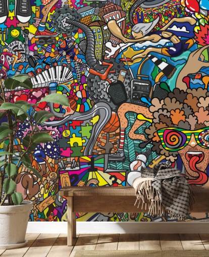 colourful custom graffiti wallpaper mural called Sports - Graffiti for kid's bedroom colourful custom graffiti wallpaper mural called Sports - Graffiti for kid's bedroom