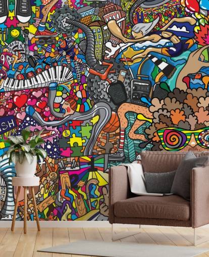 colourful custom graffiti wallpaper mural called Sports - Graffiti for kid's bedroom
