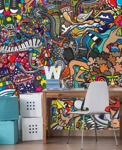 kleurrijke op maat gemaakte graffitibehangmuurschildering genaamd Sports - Graffiti voor de kinderkamer