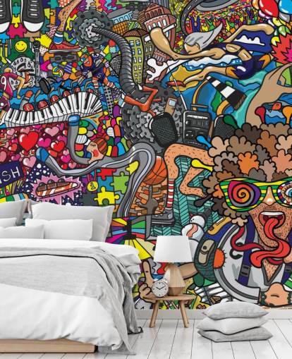 colorful custom graffiti wallpaper mural called Sports - Graffiti for kid's bedroom colorful custom graffiti wallpaper mural called Sports - Graffiti for kid's bedroom