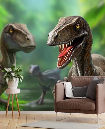 Dinosaurussen - Raptors Muurschildering Behang Dinosaurussen - Raptors Muurschildering Behang
