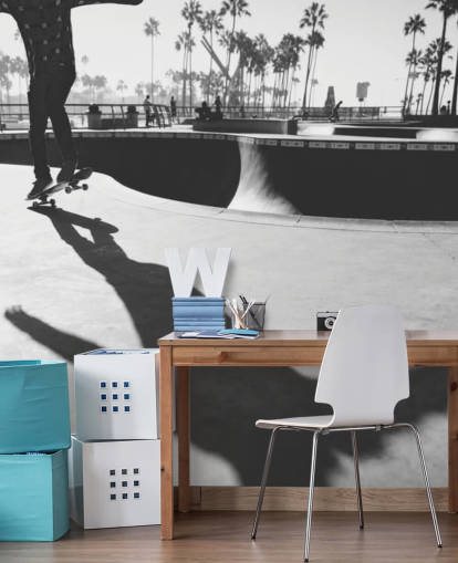 Black and White Skateboarder in Park Wallpaper Black and White Skateboarder in Park Wallpaper