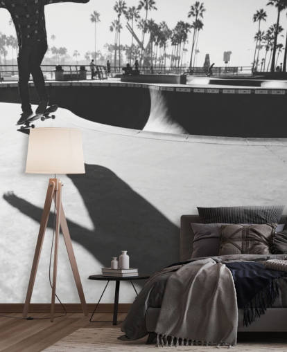 zwart-wit skateboarder in park behang