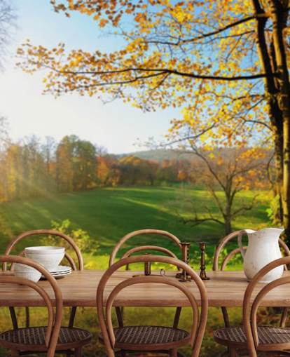 green and orange forest wallpaper mural called Autumn Pathways for kitchens, offices and businesses green and orange forest wallpaper mural called Autumn Pathways for kitchens, offices and businesses
