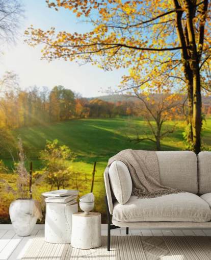 green and orange forest wallpaper mural called Autumn Pathways for kitchens, offices and businesses