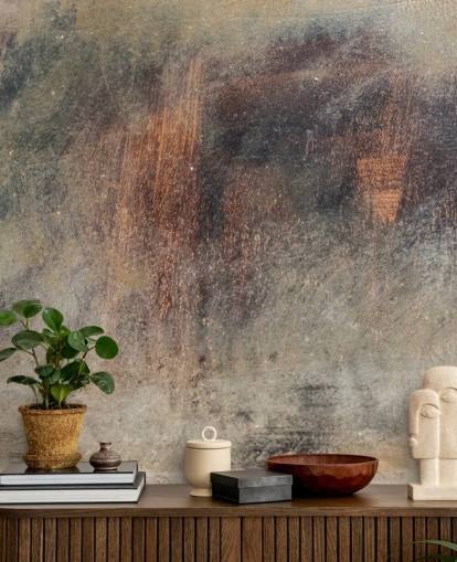 metallinen taustakuvamaalaus nimeltä Brushed Rust Wallsaucessa keittiöihin, parviin ja makuuhuoneisiin