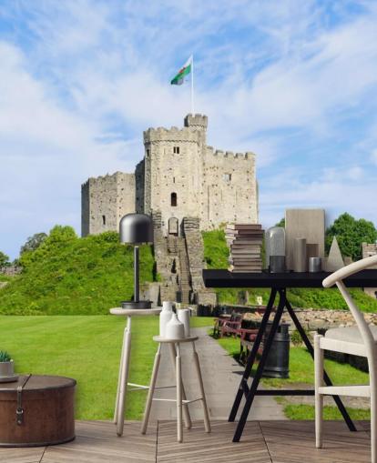Papier peint Château de Cardiff sur un monticule avec drapeau gallois Papier peint Château de Cardiff sur un monticule avec drapeau gallois