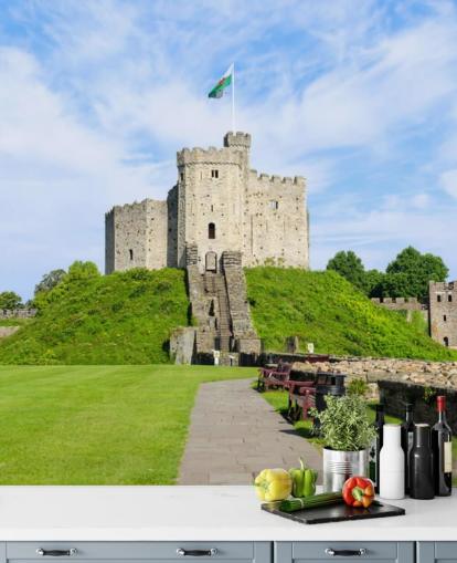 Cardiff Castle op een heuvel met Welsh vlagbehang Cardiff Castle op een heuvel met Welsh vlagbehang