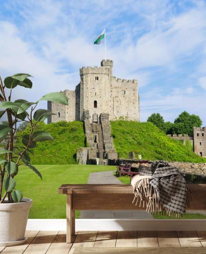 Cardiff Castle op een heuvel met Welsh vlagbehang