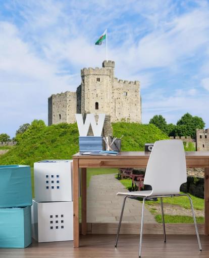 Cardiff Castle on a Mound with Welsh Flag Wallpaper