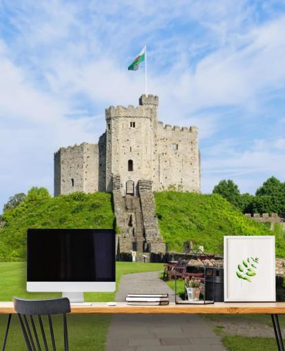 Cardiff Castle on a Mound with Welsh Flag Wallpaper Cardiff Castle on a Mound with Welsh Flag Wallpaper