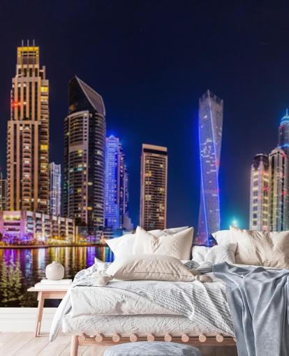 dubai skyscrapers lit up at night wallpaper