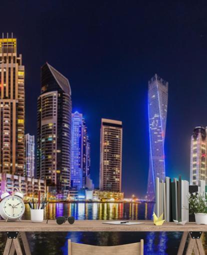 grattacieli di dubai illuminati di notte carta da parati