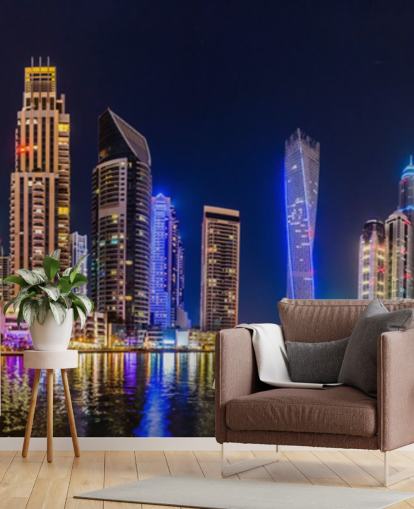 dubai skyscrapers lit up at night wallpaper