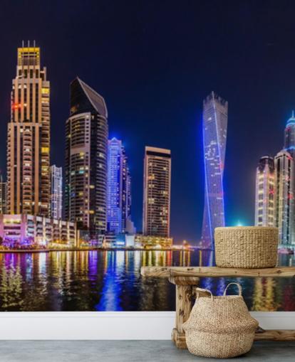 dubai skyscrapers lit up at night wallpaper