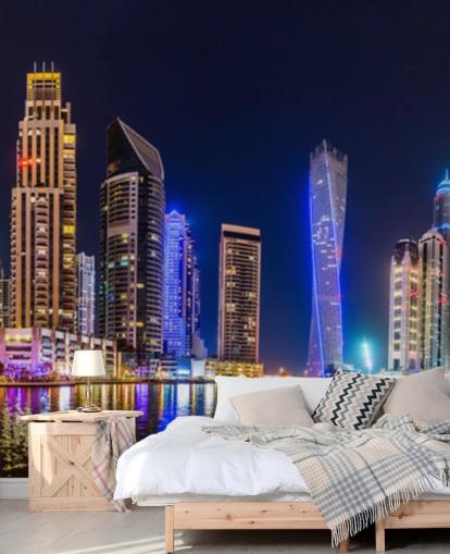 dubai skyscrapers lit up at night wallpaper