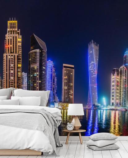 grattacieli di dubai illuminati di notte carta da parati
