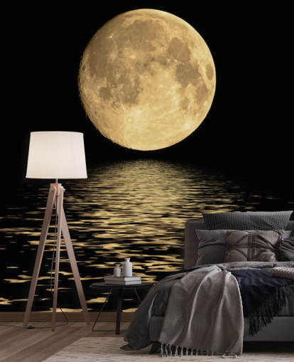 Golden Moon Reflecting on Ocean Waves Mural