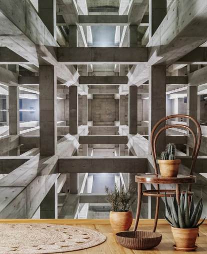 Grijze betonnen 3D-plafondmuurschildering Grijze betonnen 3D-plafondmuurschildering