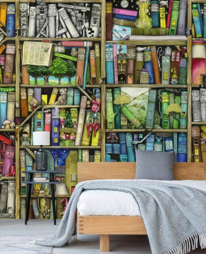 colorful custom kids bookshelf wallpaper mural called Bookshelf by Colin Thompson for child's bedroom or playroom