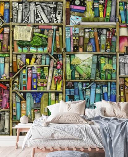 colourful custom kids bookshelf wallpaper mural called Bookshelf by Colin Thompson for child's bedroom or playroom