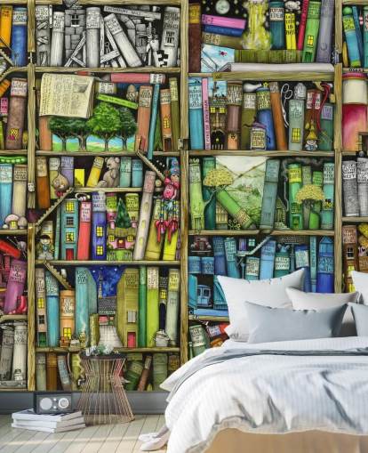 colorido mural de papel pintado personalizado para estantería infantil llamado Bookshelf de Colin Thompson para dormitorio infantil o sala de juegos