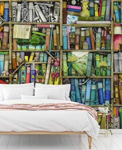farbenfrohe individuelle Kinderregal-Tapete namens Bookshelf von Colin Thompson für Kinder- oder Spielzimmer