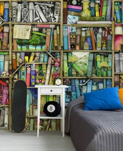 papier peint mural coloré personnalisé pour bibliothèque pour enfants appelé Bookshelf par Colin Thompson pour chambre d'enfant ou salle de jeux papier peint mural coloré personnalisé pour bibliothèque pour enfants appelé Bookshelf par Colin Thompson pour chambre d'enfant ou salle de jeux