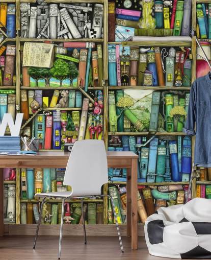 farbenfrohe individuelle Kinderregal-Tapete namens Bookshelf von Colin Thompson für Kinder- oder Spielzimmer
