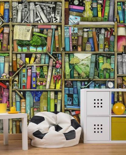 farbenfrohe individuelle Kinderregal-Tapete namens Bookshelf von Colin Thompson für Kinder- oder Spielzimmer